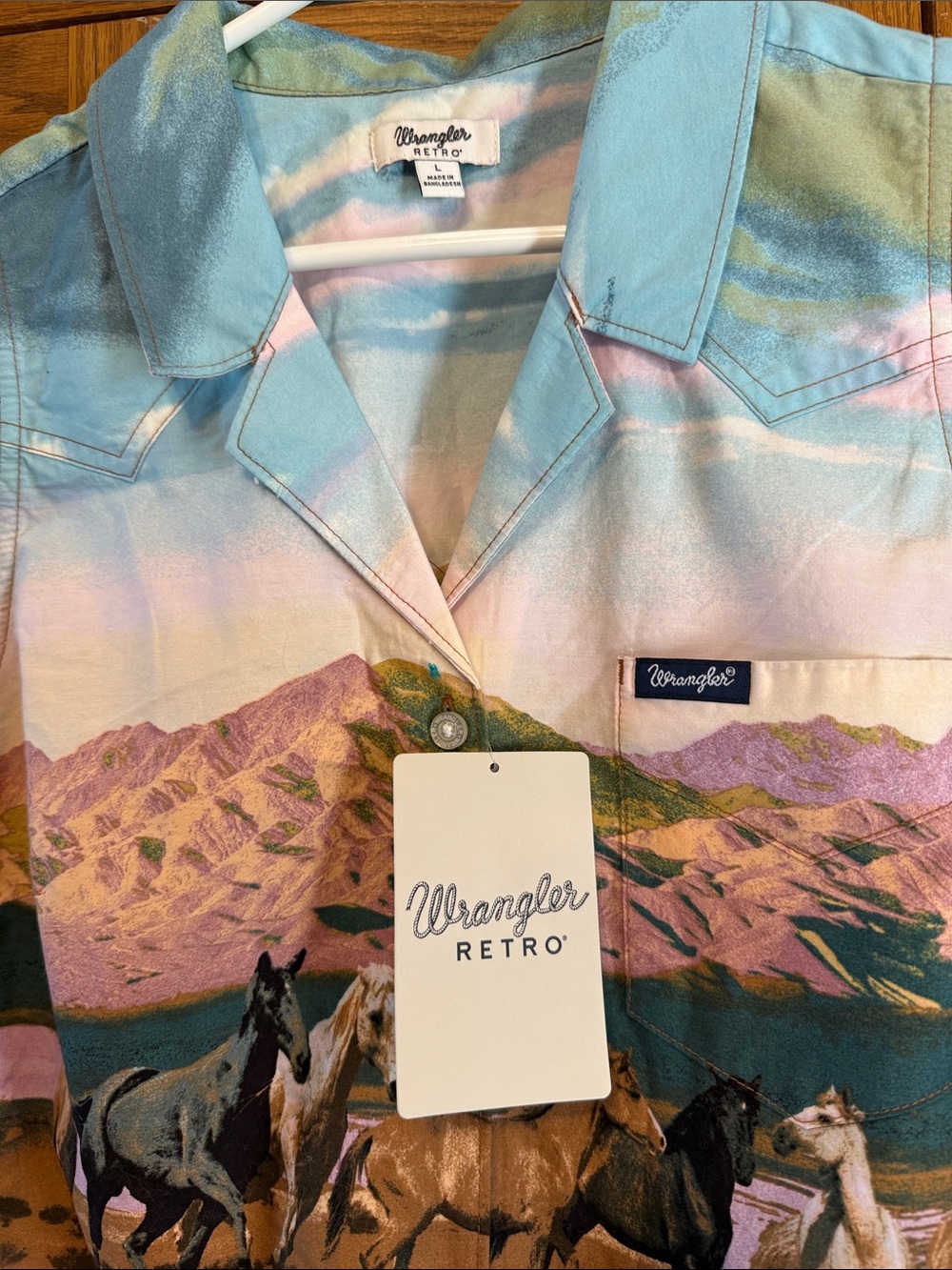 Wrangler Pastel Western Horse Print Tie-Front Crop Top - Blue, Pink, Brown-NWT - Picture 3 of 6